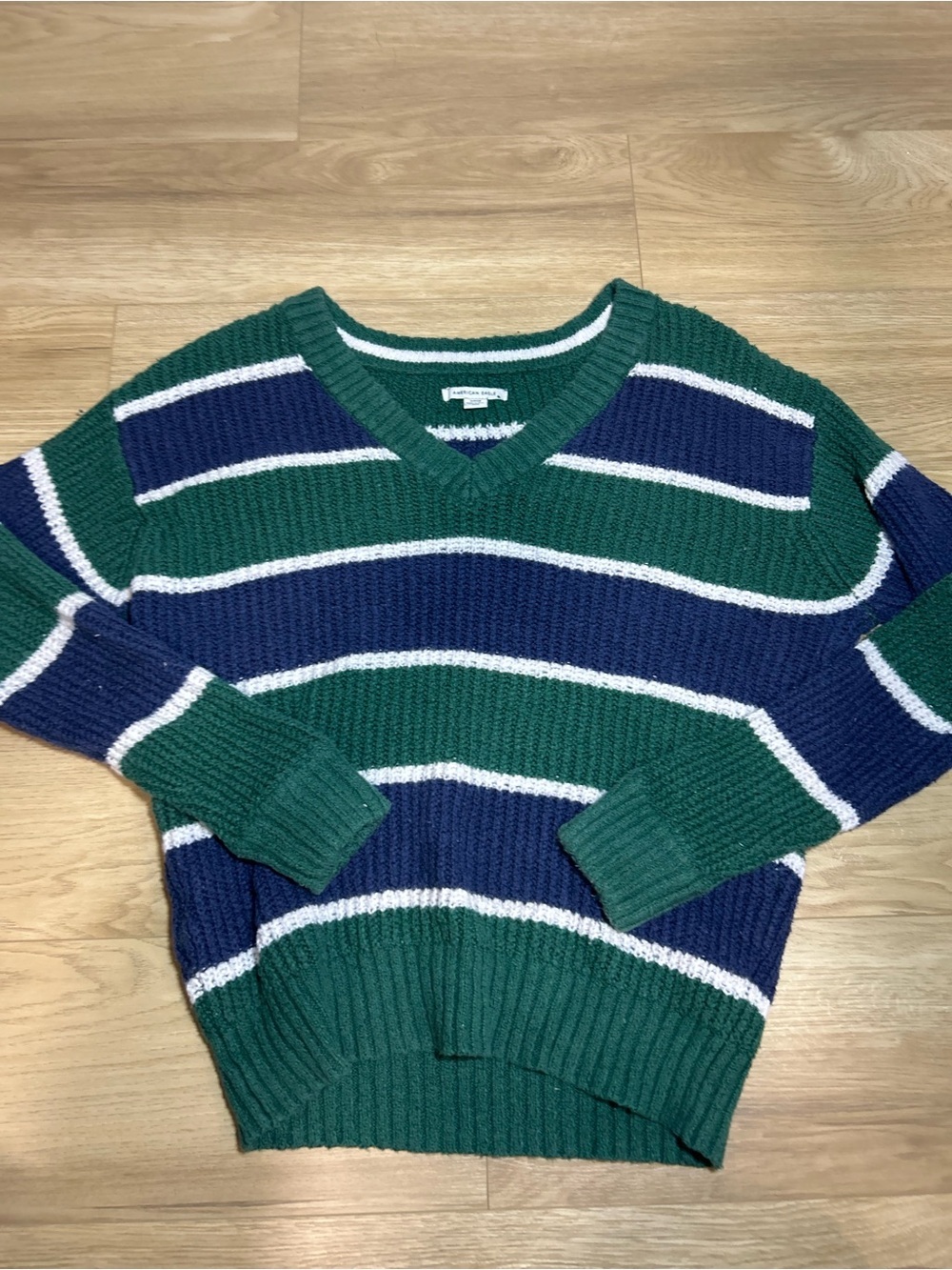 American Eagle Outfitters Green, Navy & White Striped V-Neck Pullover